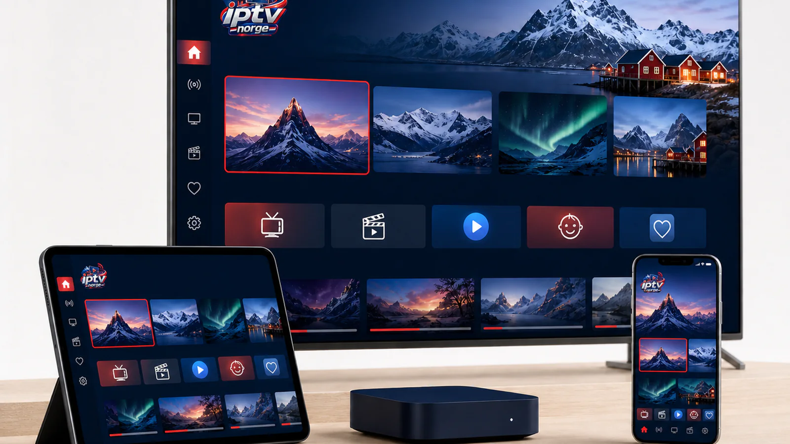 TV, nettbrett og mobil med IPTV Norge-grensesnitt