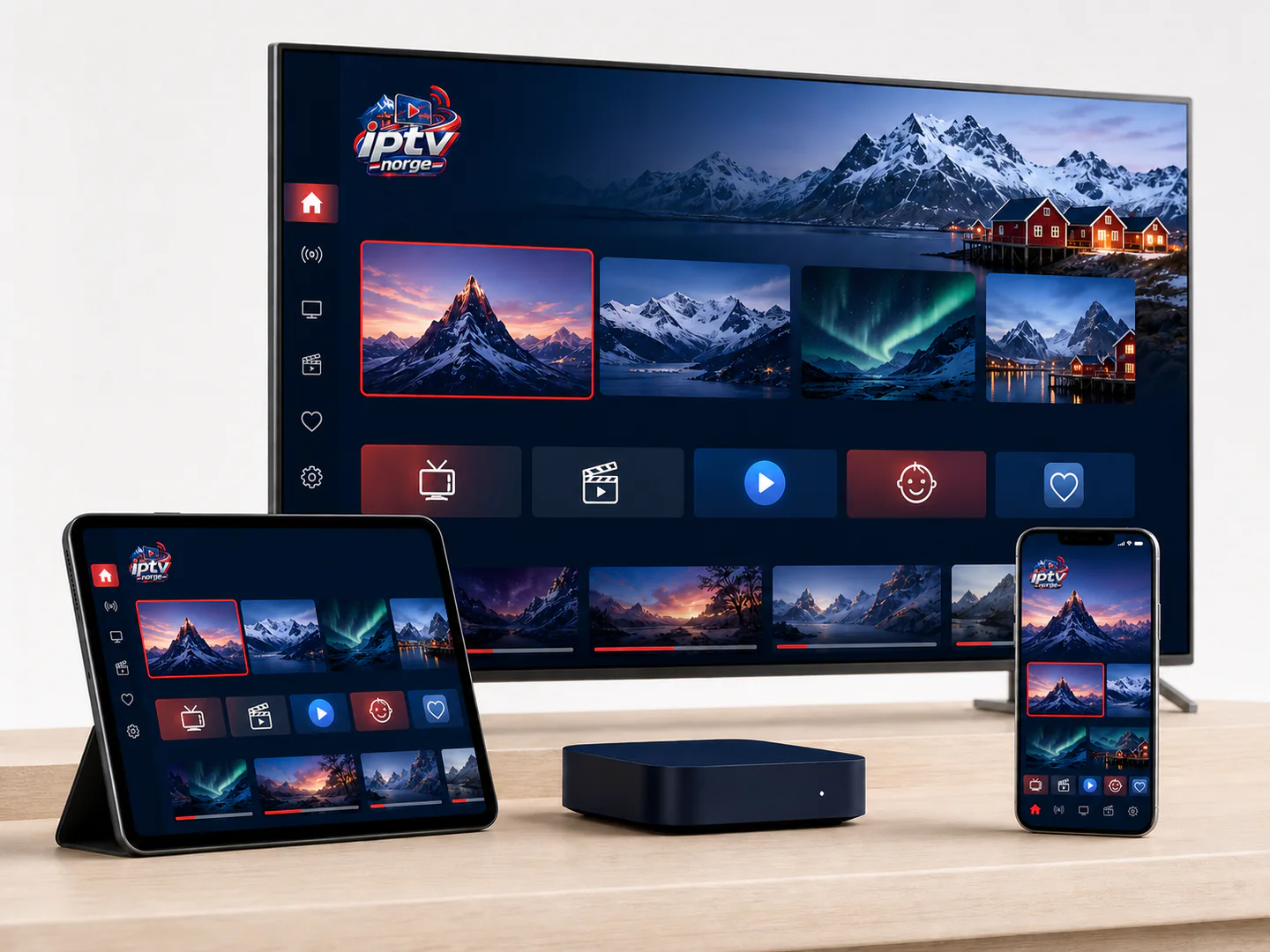 TV, nettbrett og mobil med IPTV Norge-grensesnitt