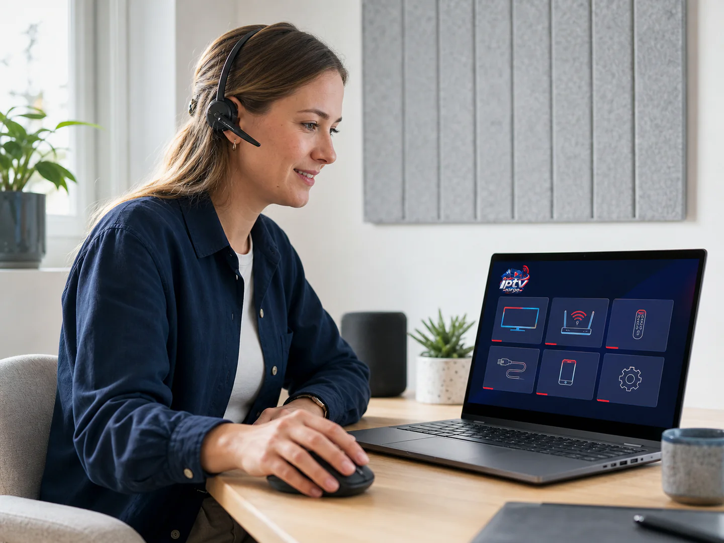 Kundebehandler hjelper med TV-oppsett på en laptop